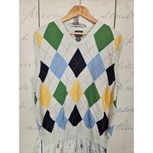 Mercer Street Studio Mens XL Argyle Sweater Vest Gray Blue Green Cotton‎ V-Neck